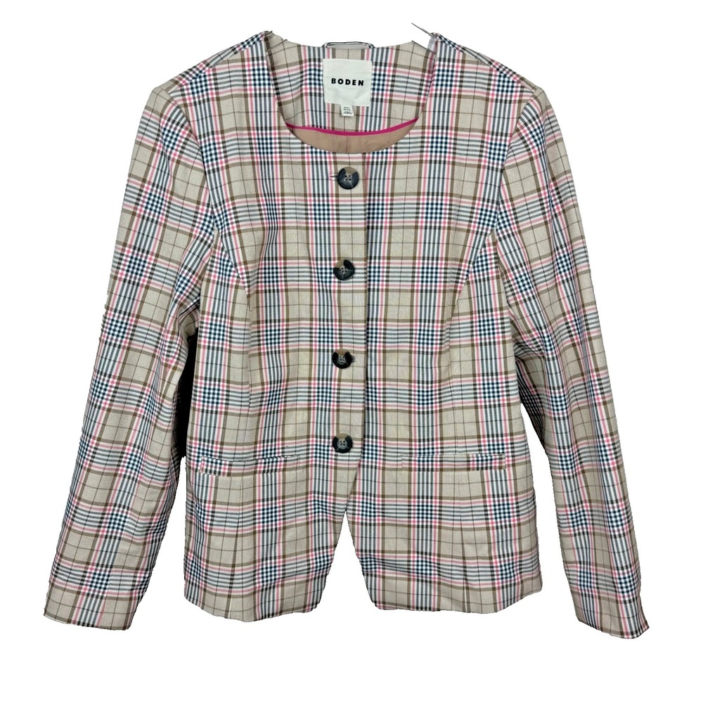 Boden Blazer Women US 16 Tan Pink Plaid Collarless Jacket Preppy Academia